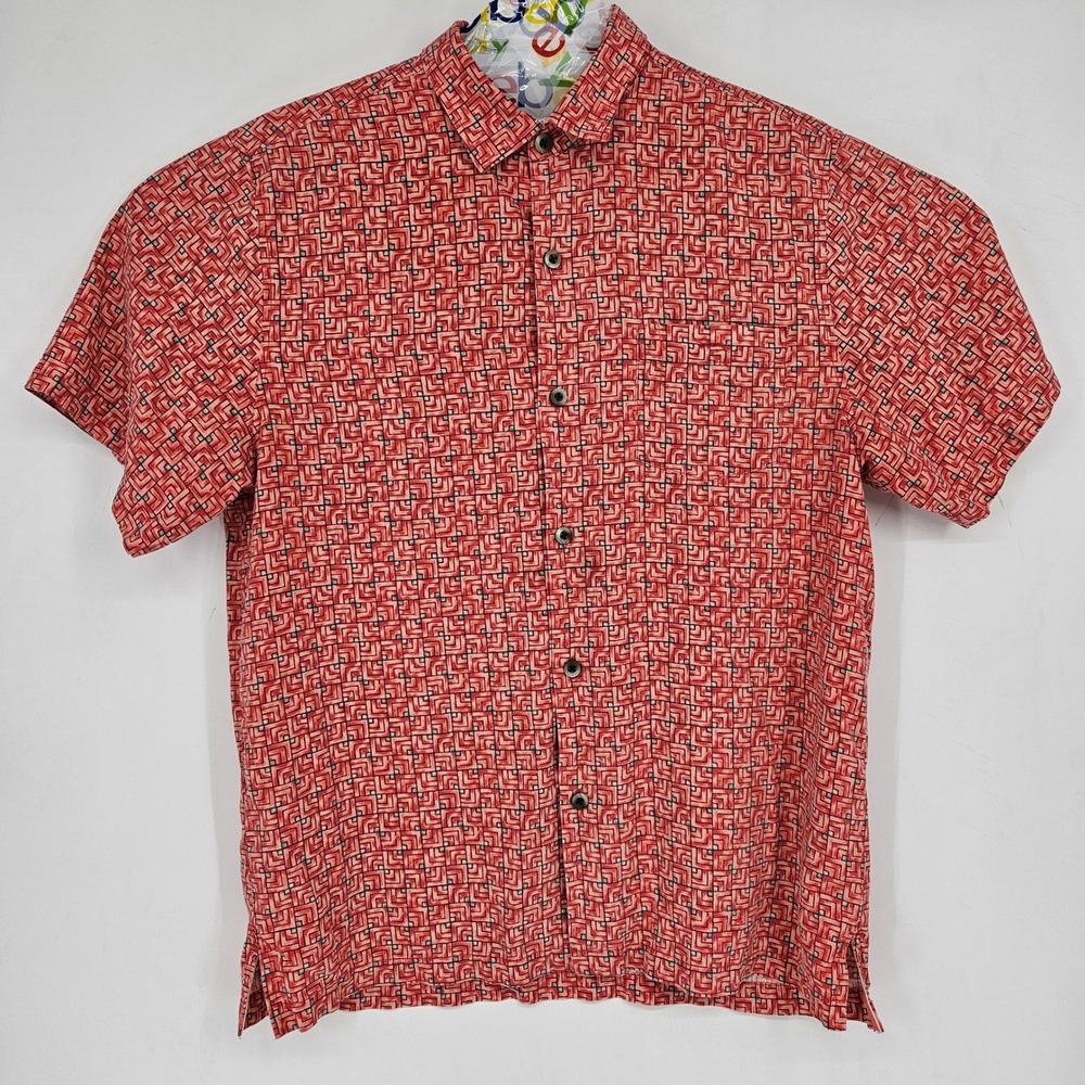 Tommy Bahama Shirt Mens Large Silk Geometric Hawaiian Button Up Short Sleeve